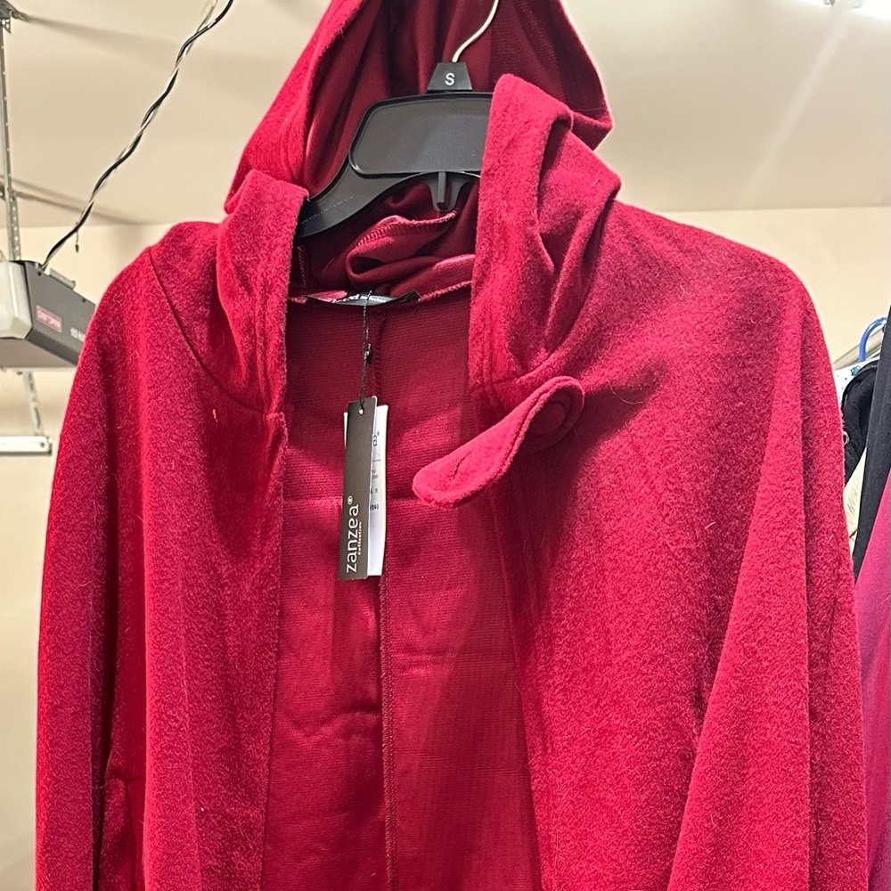 Zanzea Women Long Hooded Woolen Cloak Solid Color Vintage Poncho Red